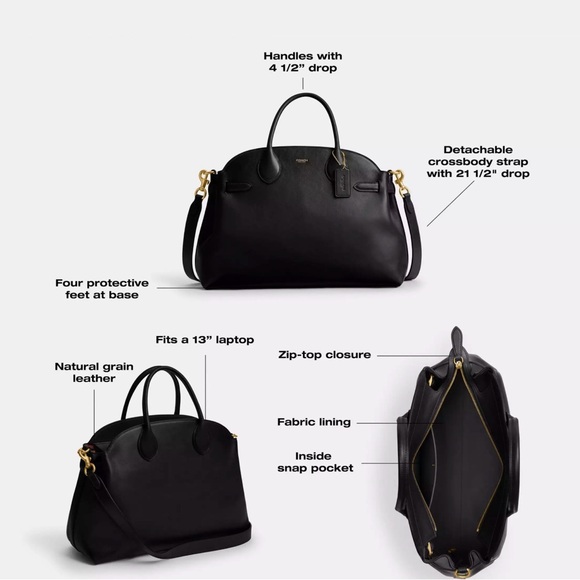 Coach Soft Empire Carryall Bag 40 Black Leather Satchel with Gold Accents - Picture 5 of 6